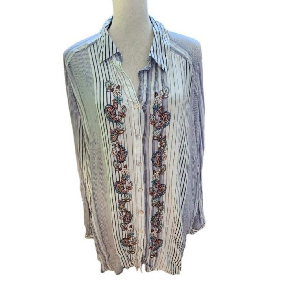 Chico's Embroidered Button Front Blouse Size XL (4) Long Sleeve Boho